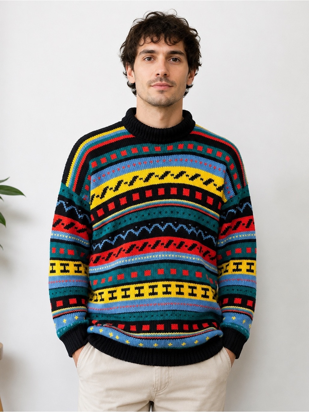 Men's Multicolor Patterned Crewneck Sweater handmade